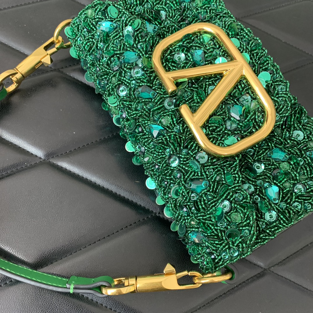 Valentino Garavani Loco Small Embroidered Shoulder Bag with Green Beaded Fringes